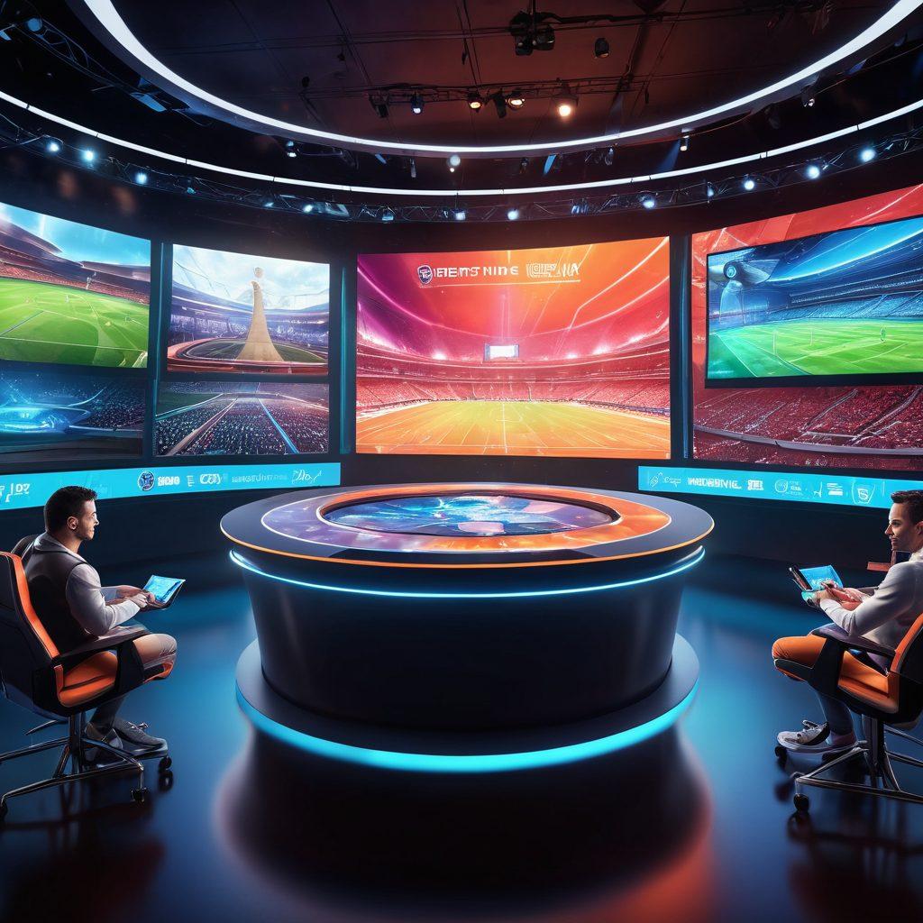 A dynamic scene of a futuristic sports commentary studio with advanced holographic displays showing live sports statistics, commentators analyzing the game with engaging expressions, and an interactive audience in the background. The atmosphere is lively with bright colors and visual icons representing various sports. Capture the essence of technology and entertainment merging in a vibrant setting. super-realistic. vibrant colors. digital art.