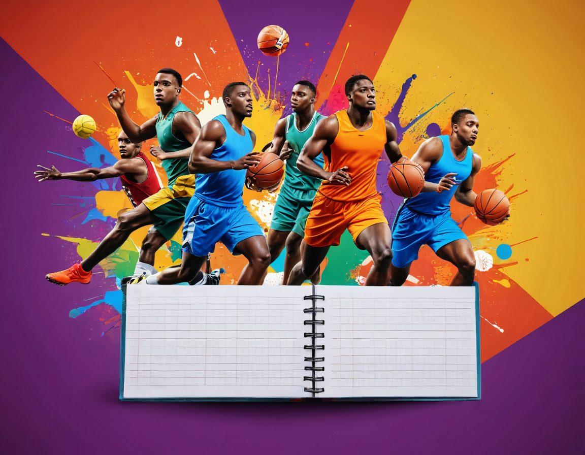 A dynamic collage of sports elements, showcasing a diverse group of athletes in action, each representing different sports like football, basketball, and swimming. Overlay on this vibrant scene are notepad and pen, symbolizing insightful reviews, with charts and graphs illustrating performance analysis. The background radiates energy and excitement, blending bright colors to evoke passion for sports. super-realistic. vibrant colors. action-packed.