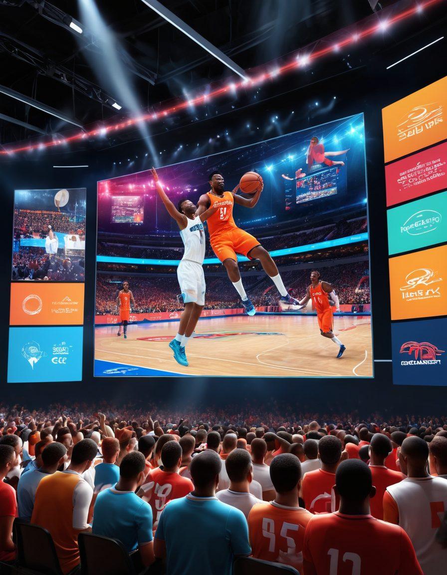 A dynamic sports commentary scene featuring an animated commentator passionately analyzing a game, with colorful graphics of various sports like basketball, football, and soccer swirling around. Elements like digital screens showing live game stats and excited spectators in the background add energy to the image. Focus on a vibrant and engaging atmosphere that captures the excitement of sports trends. vibrant colors. 3D.